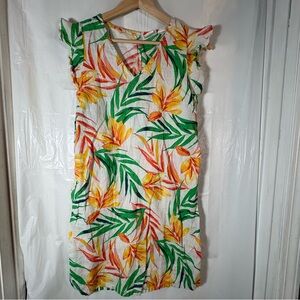 Nicole Miller Shift Dress Size XS White Floral Linen Tropical Shift Beach Ruffle